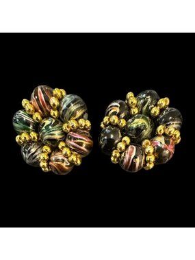 Authentic Vintage Clip On Earrings Beaded Cluster Multi Color 50s 60s